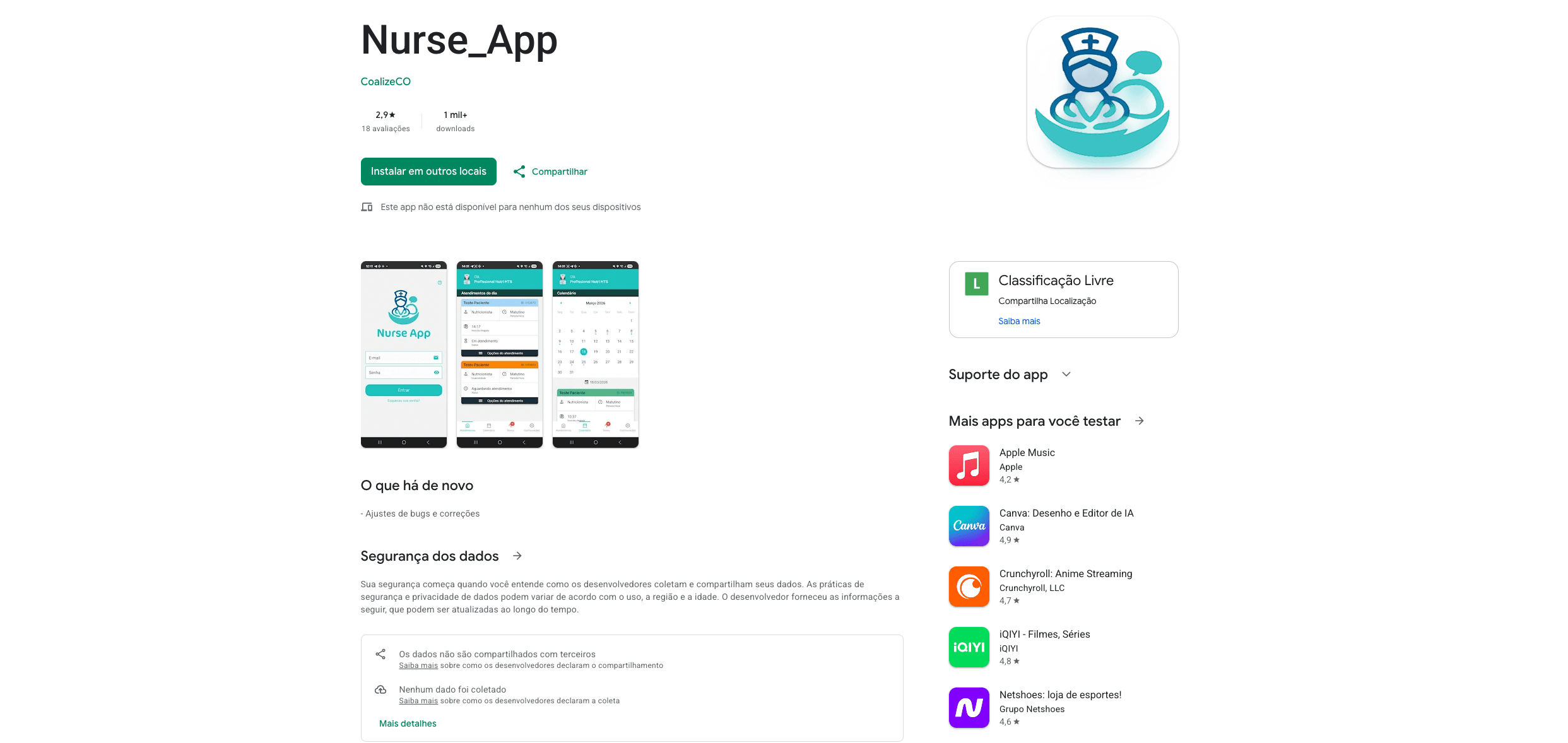 Página do Nurse App na Google Play, com as telas de acesso, atendimentos do dia e calendário da agenda